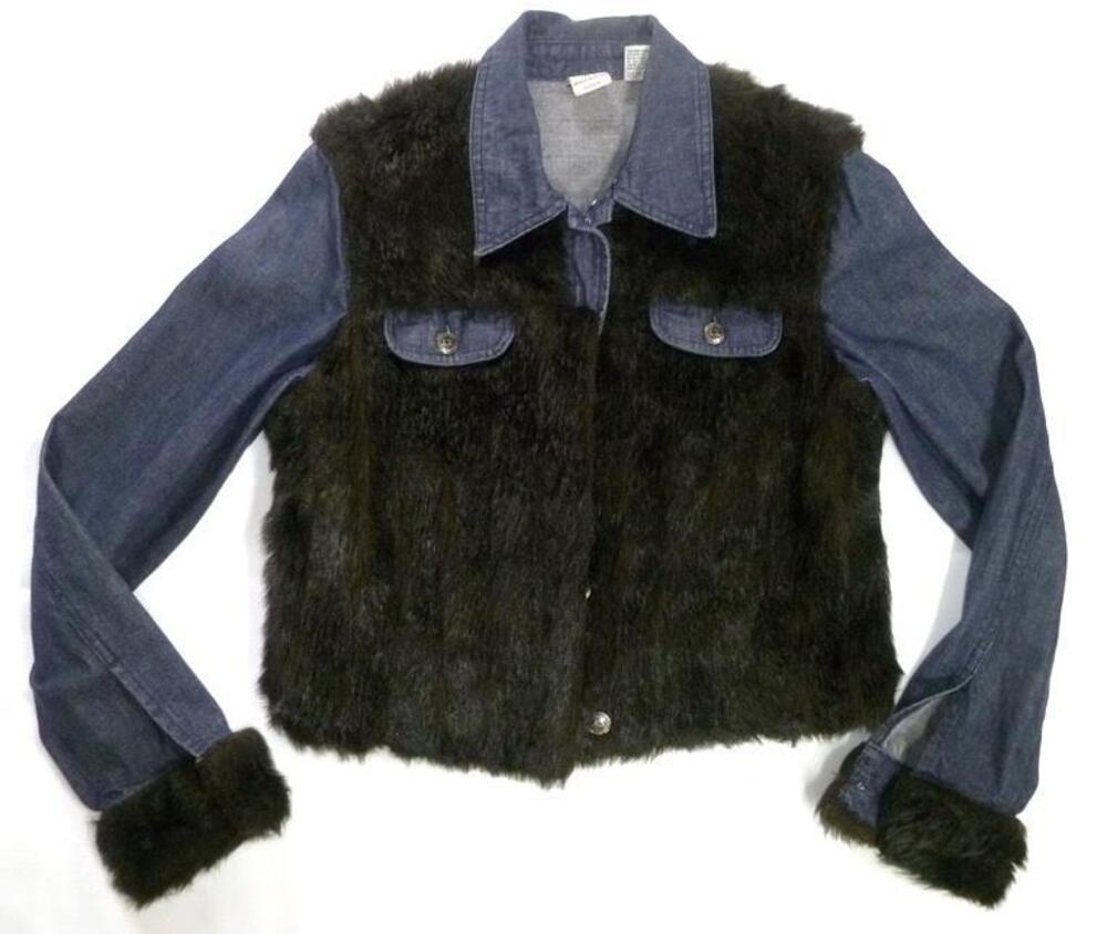 VINTAGE Y2K ARMANI EXCHANGE AX WOMEN M BLACK FAUX FUR/DENIM INDIGO SHORT JACKET